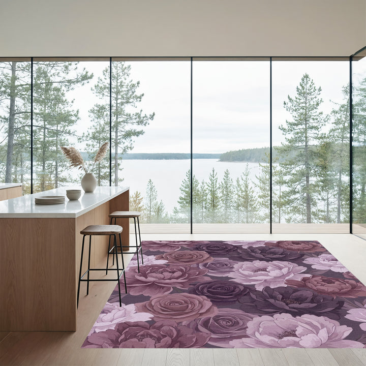 Romantic Plum And Mauve Peony Rose Garden Rug