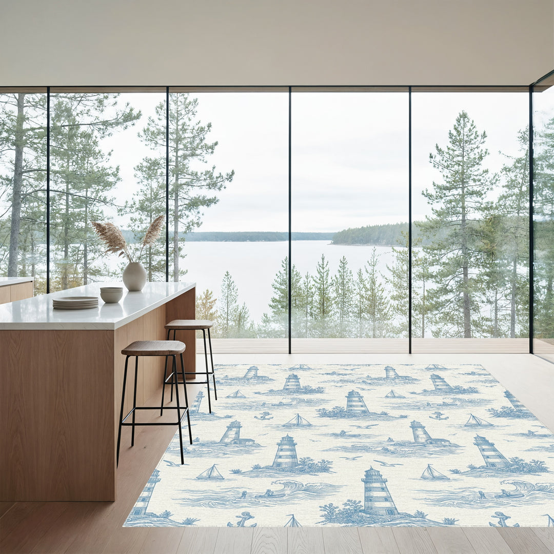 Coastal Blue Lighthouse Sailboat Scene Rug