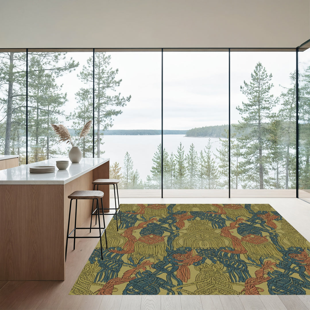 Olive Blue Coral Macrame Tassels Rug