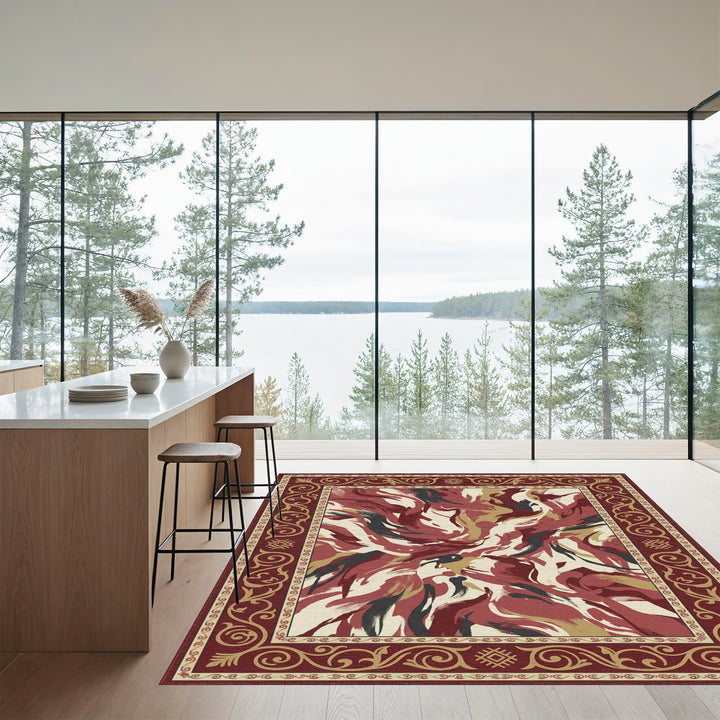 Crimson Abstract Brushstroke Border Rug