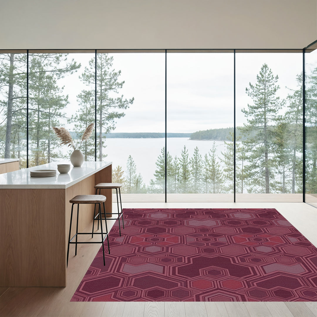 Burgundy Geometric Hexagon Tessellation Rug