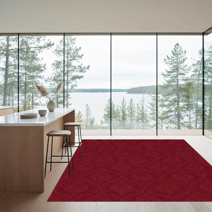 Deep Crimson Damask Scroll Rug