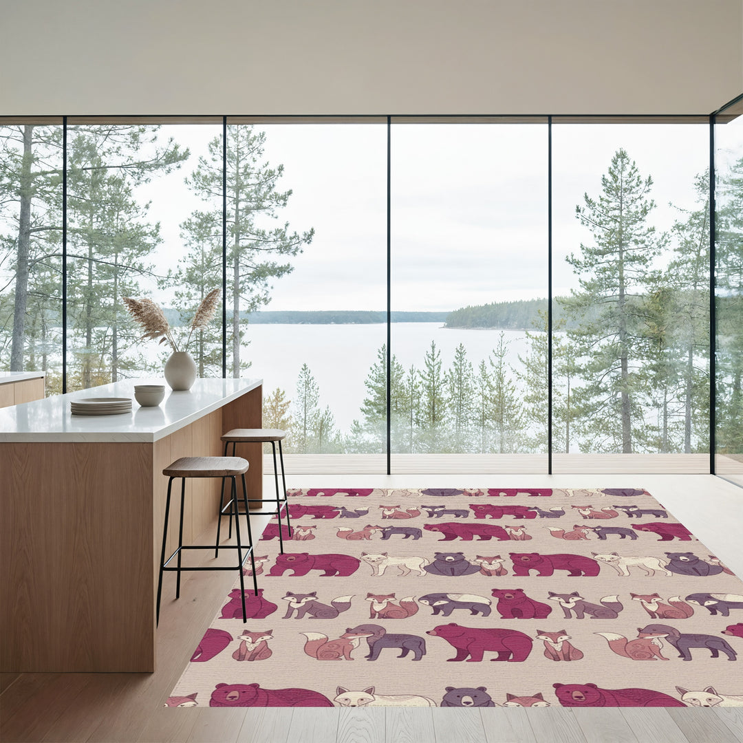Burgundy Fox Bear Woodland Creatures Rug