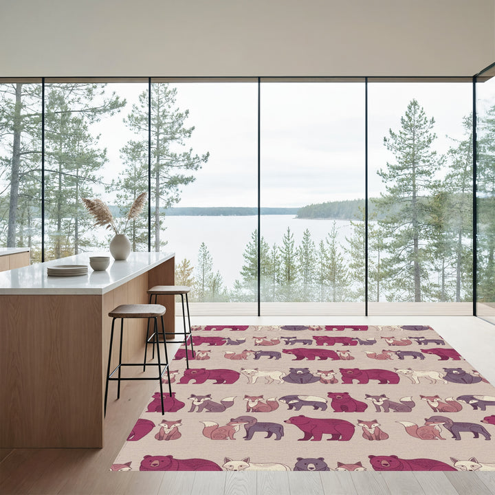 Burgundy Fox Bear Woodland Creatures Rug