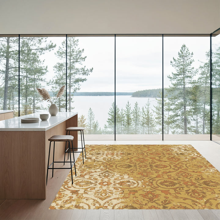 Golden Amber Distressed Floral Damask Rug