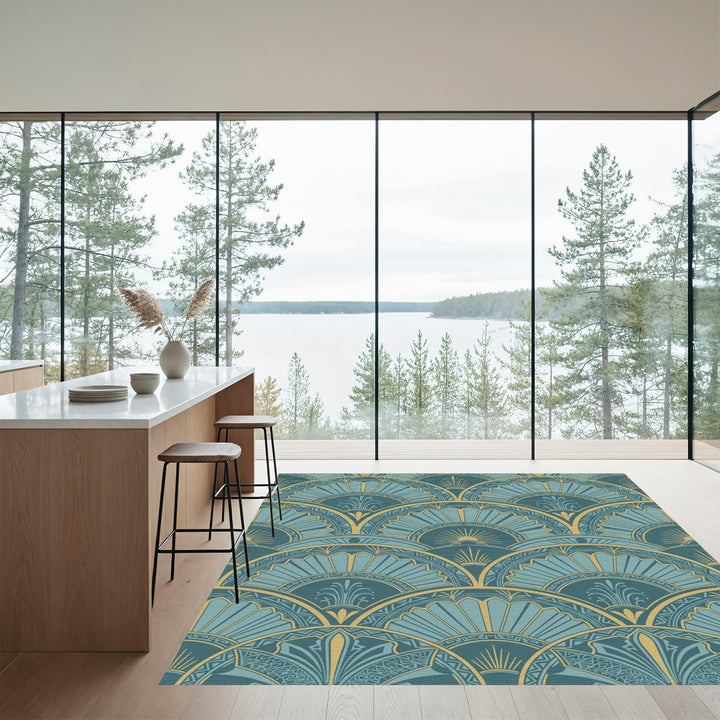 Art Deco Teal Gold Sunburst Rug