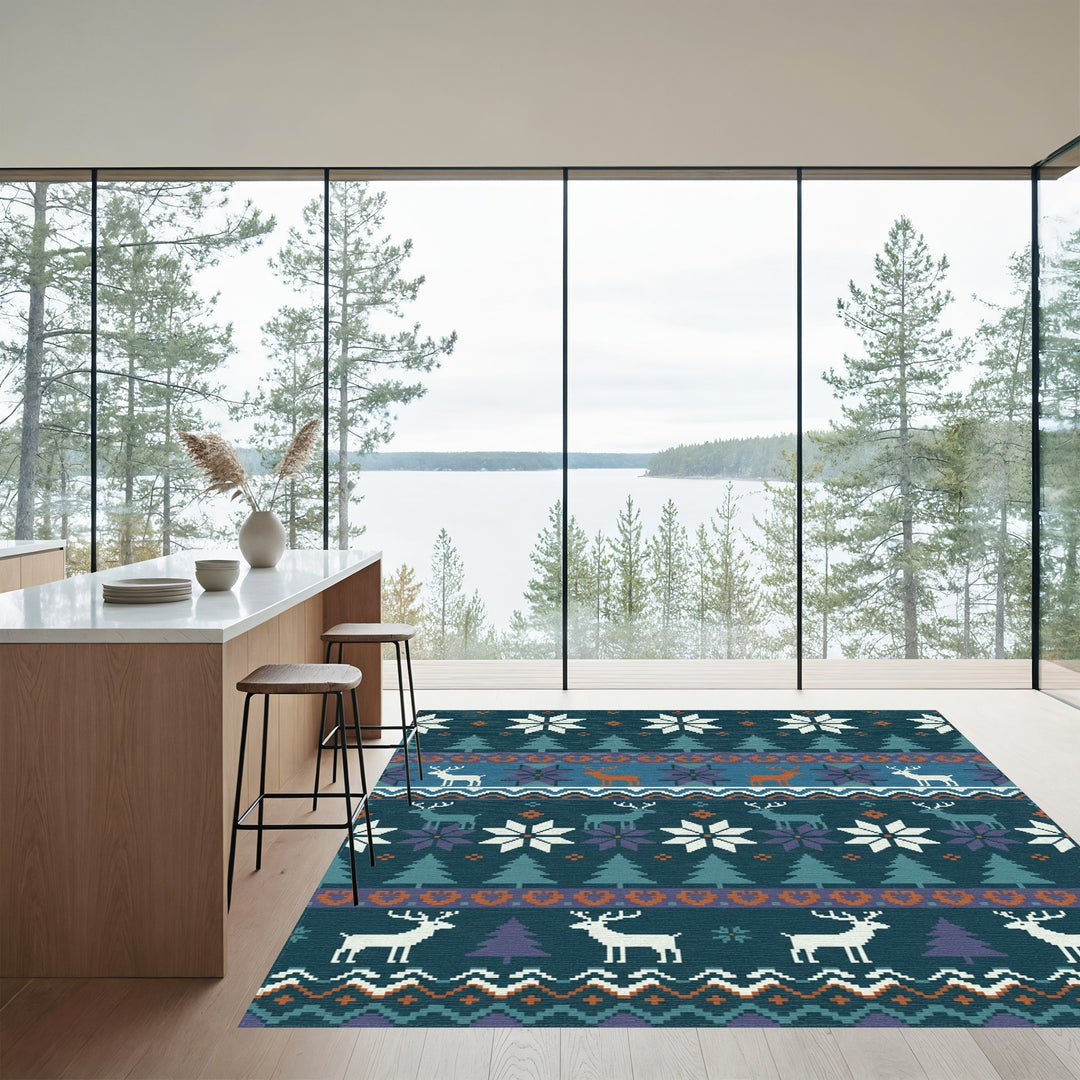 Nordic Reindeer Snowflake Forest Scene Rug