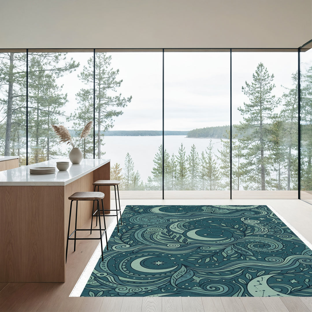 Deep Teal Celestial Moon Waves Rug