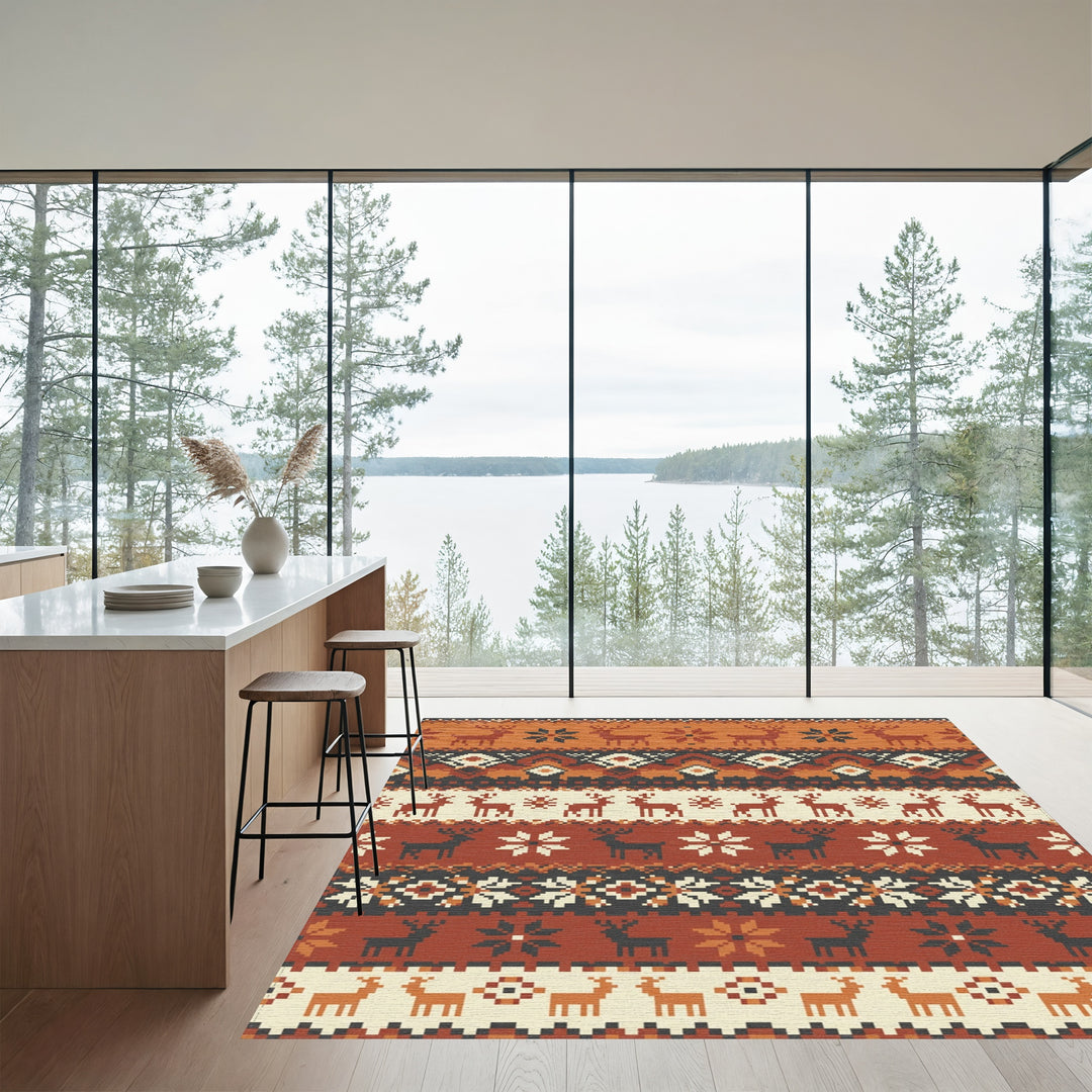 Rustic Earthy Deer Snowflake Stripes Rug