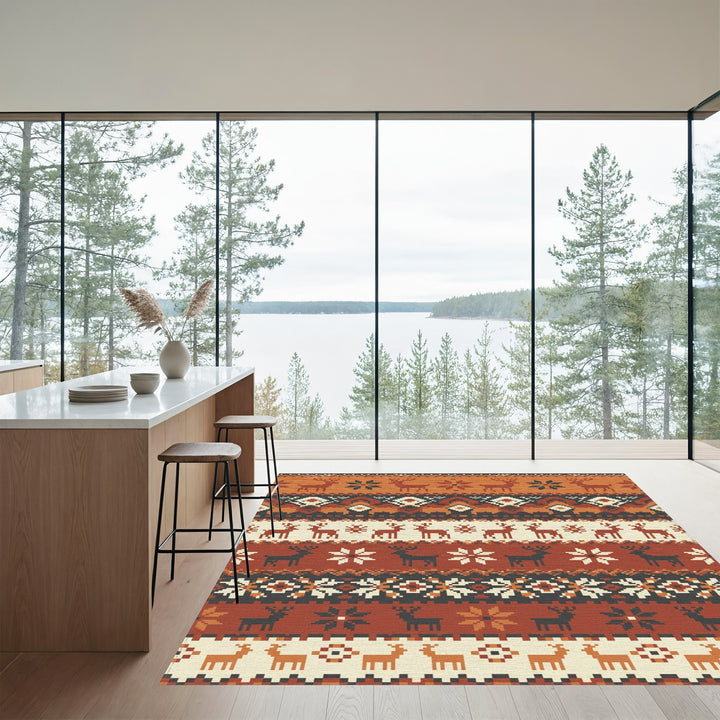 Rustic Earthy Deer Snowflake Stripes Rug