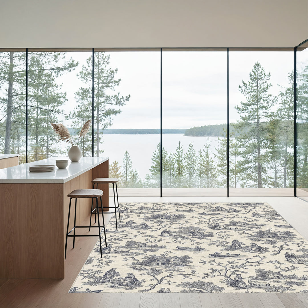 Navy Blue Toile Scene Classic Narrative Rug