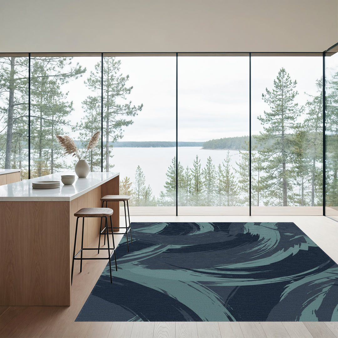 Deep Teal Brushstroke Abstract Swirls Rug