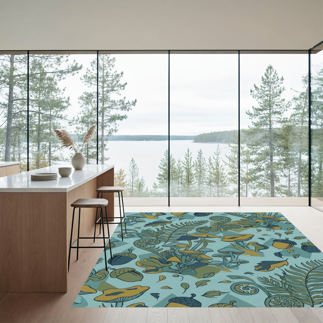 Forest Mushrooms Fern Acorns Teal Yellow Rug
