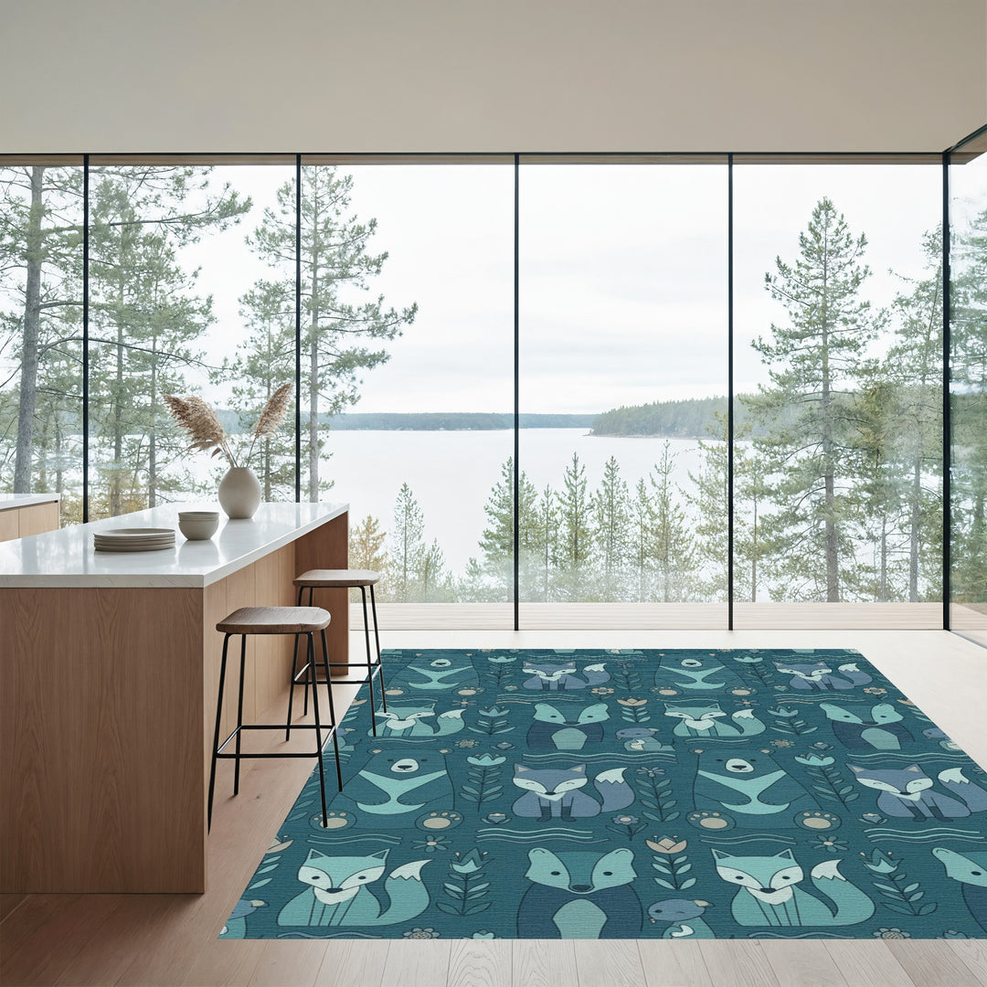 Teal Forest Animals Woodland Whimsical Rug