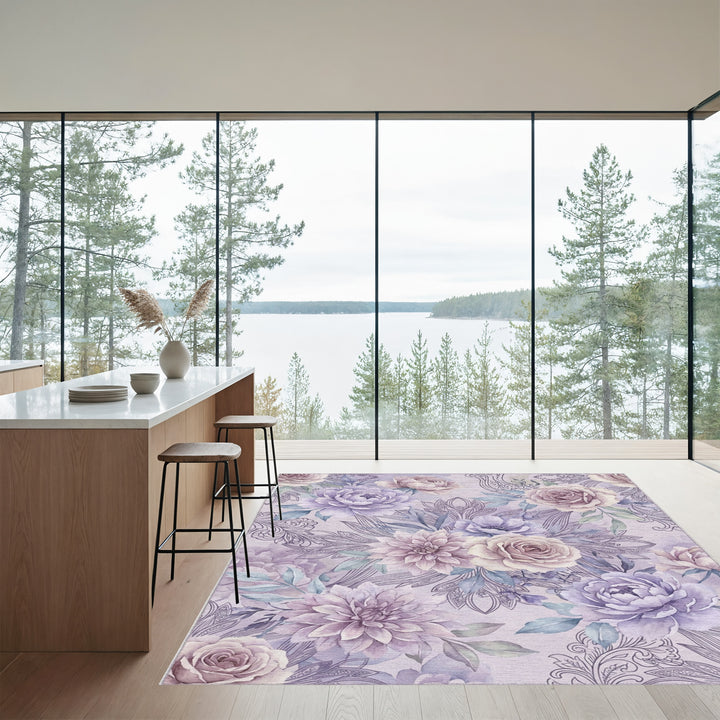Soft Lavender Floral Scroll Artwork Rug