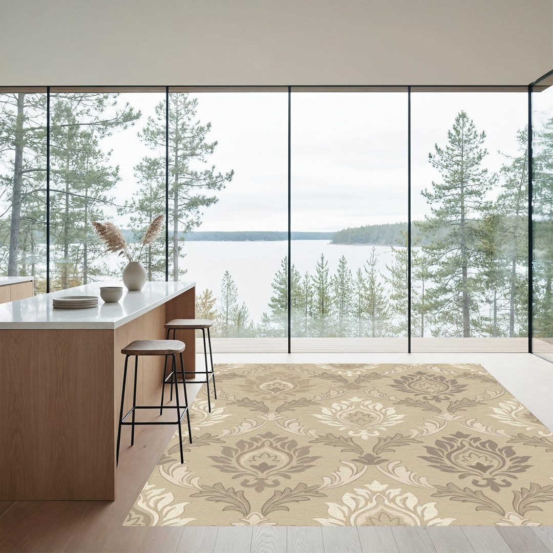 Classic Damask Floral Beige Ivory Rug