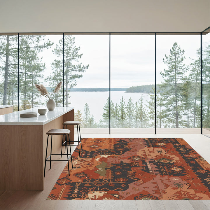 Earthy Ochre Abstract Tribal Patchwork Rug
