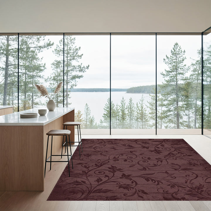Deep Burgundy Floral Wood Scroll Rug