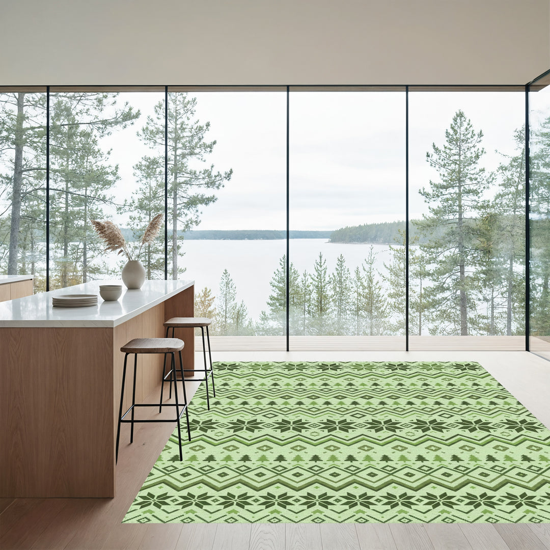 Forest Green Nordic Snowflake Stripe Rug