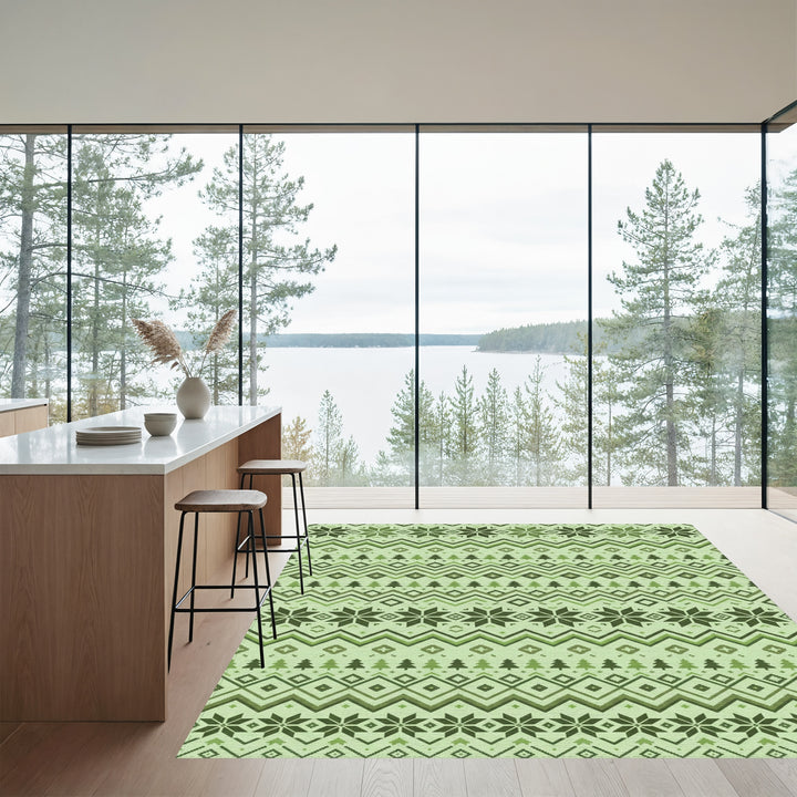 Forest Green Nordic Snowflake Stripe Rug