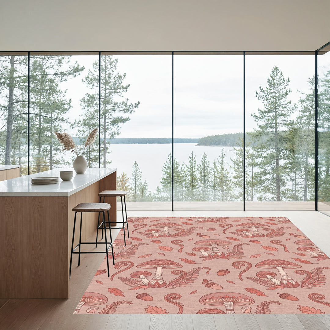 Terracotta Mushroom Fern Acorn Repeating Motif Rug