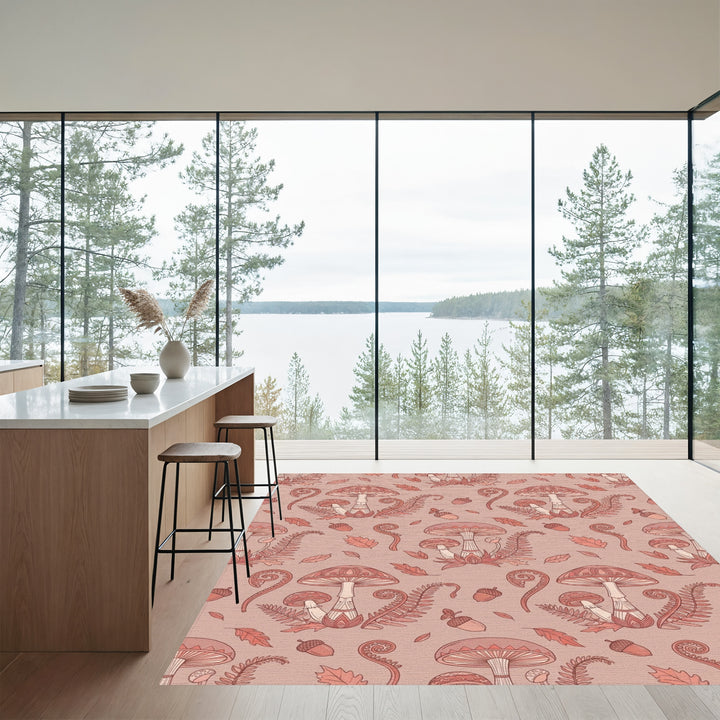 Terracotta Mushroom Fern Acorn Repeating Motif Rug