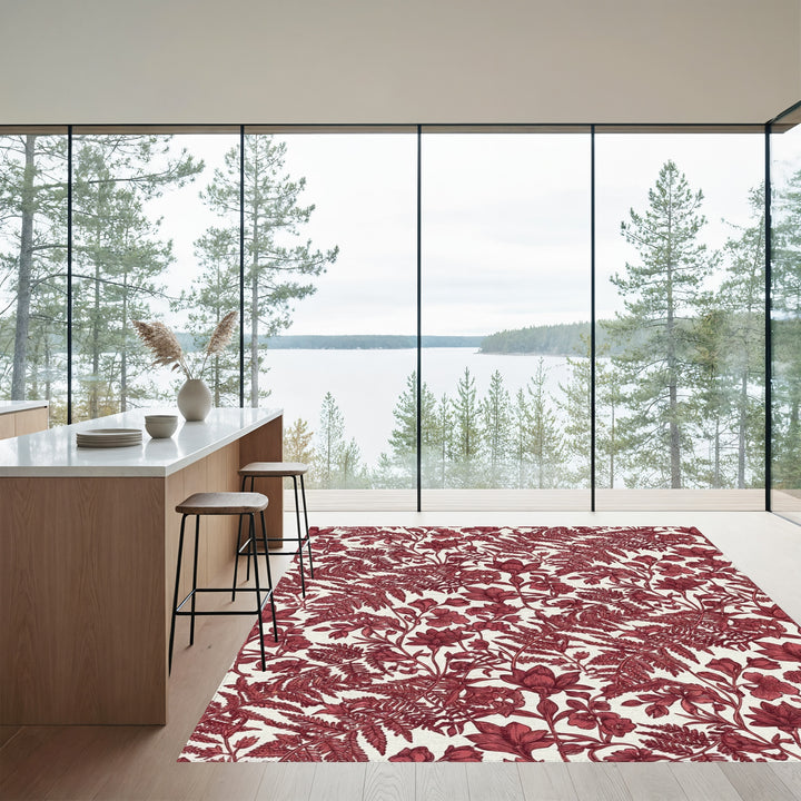 Dark Red Botanical Ferns and Flowers Rug