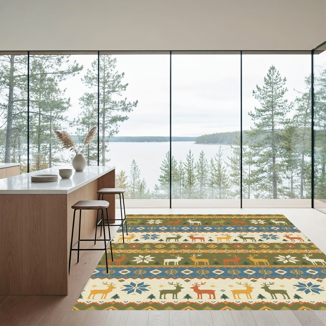 Rustic Reindeer Snowflake Nordic Stripe Rug
