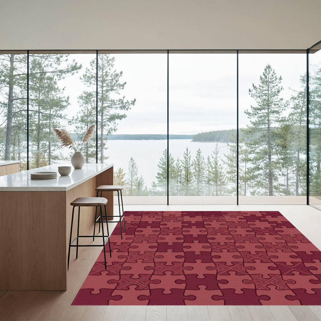 Crimson Jigsaw Puzzle Geometric Rug