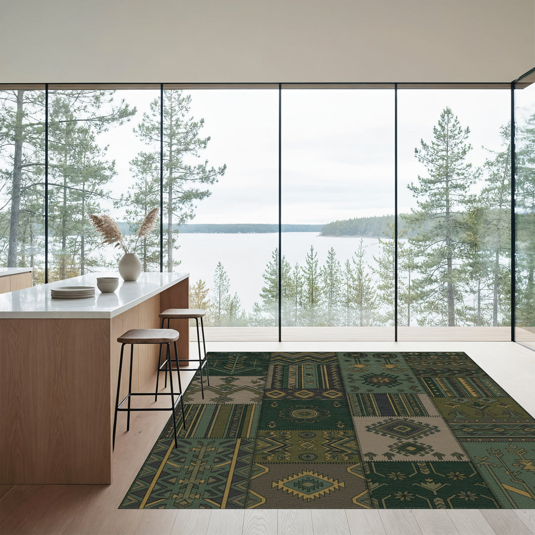 Army Green Geometric Patchwork Medallion Rug