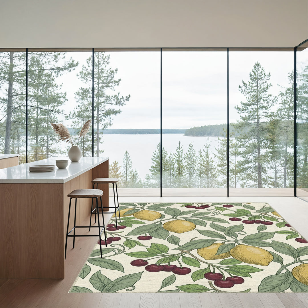 Yellow Lemon Cherry Leaf Branch Rug