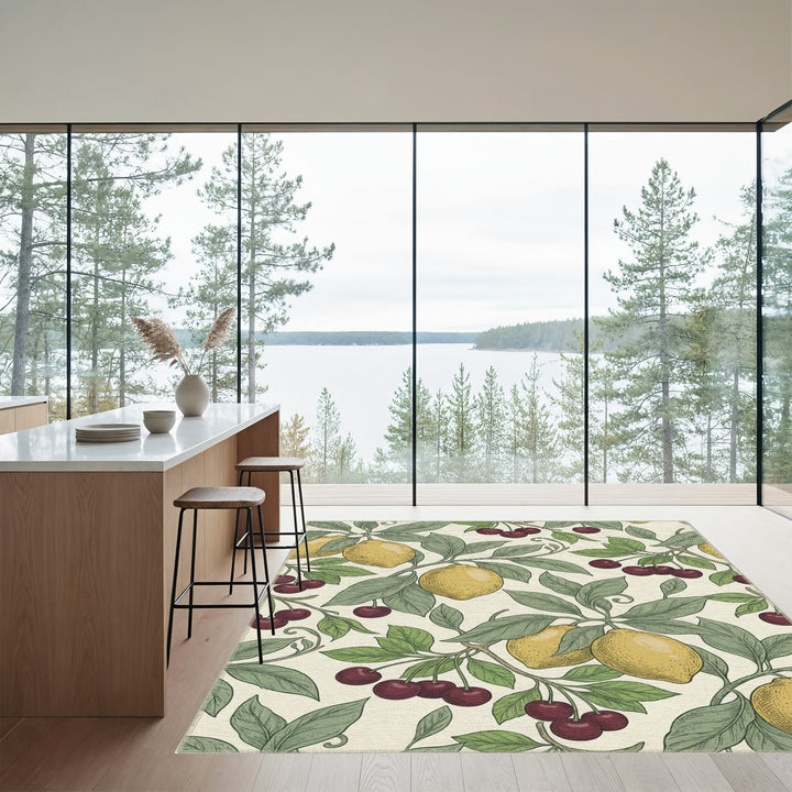 Yellow Lemon Cherry Leaf Branch Rug