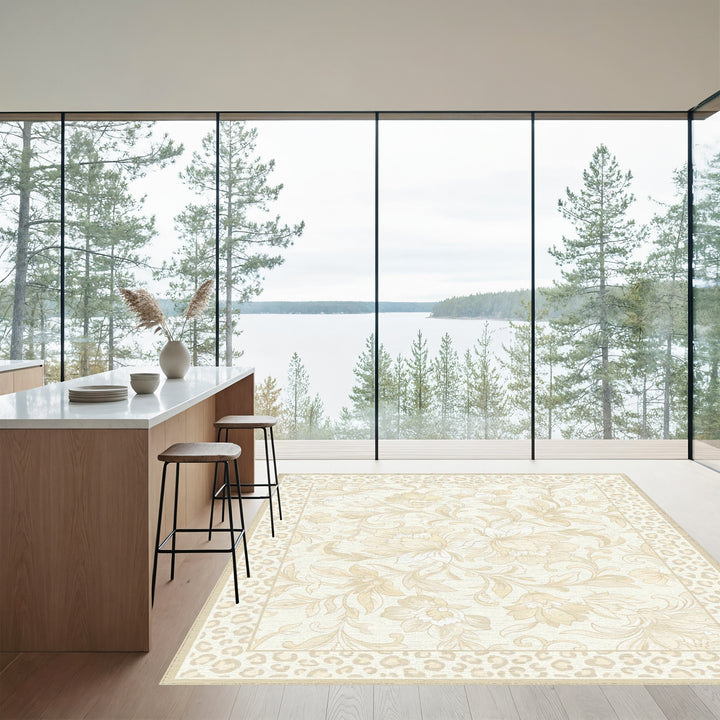 Cream Floral Bordered Leopard Print Rug