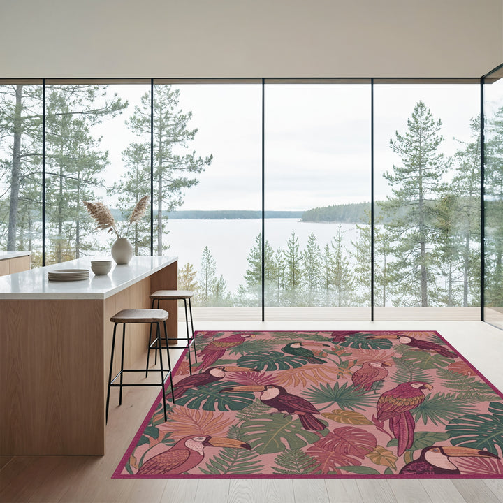 Tropical Toucans and Parrots Foliage Rug