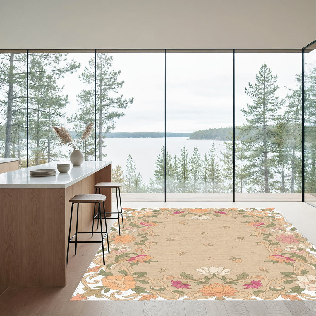 Floral Border with Peony and Lotus Motifs Rug