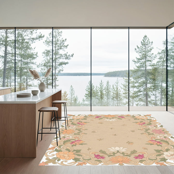 Floral Border with Peony and Lotus Motifs Rug