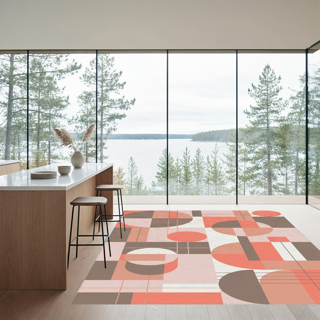 Coral Brown Geometric Circles Squares Rug