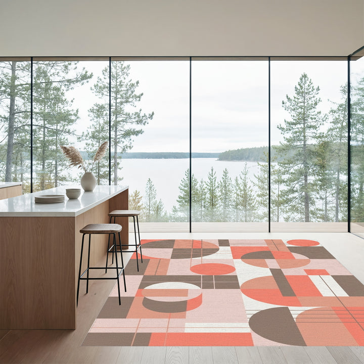 Coral Brown Geometric Circles Squares Rug