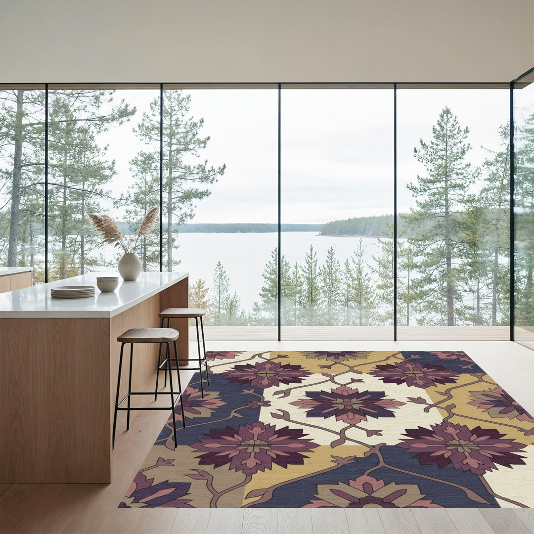 Plum And Gold Floral Tiles Rug