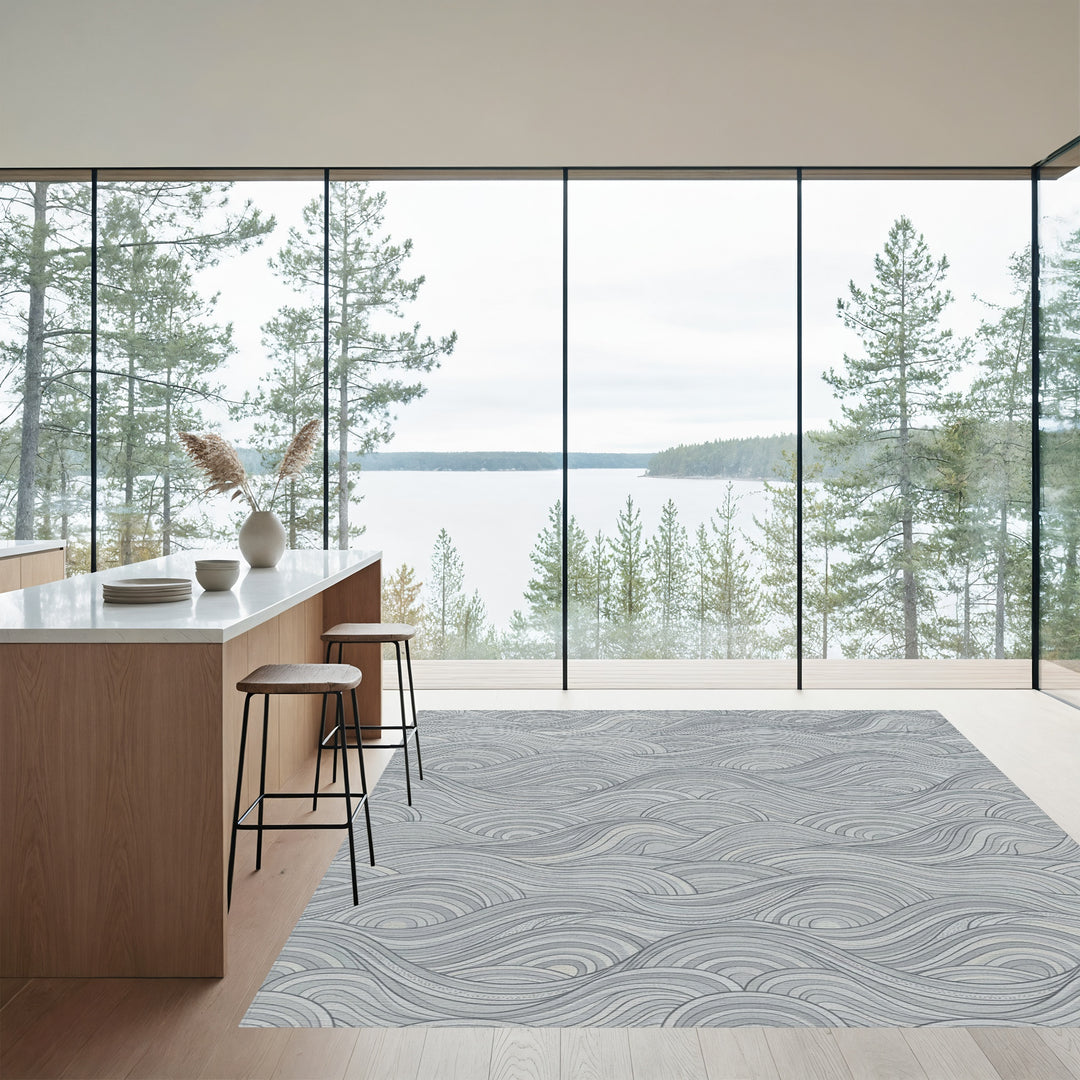 Monochromatic Cool Gray Wave Landscape Rug