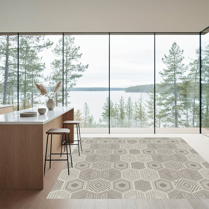 Neutral Geometric Hexagon Interlocking Rug