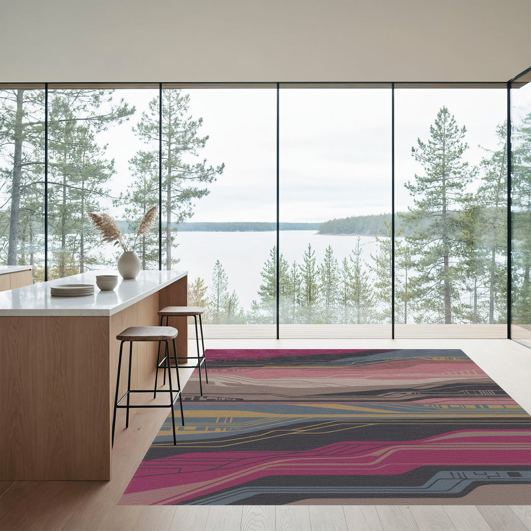 Modern Abstract Lines Magenta Blue Gold Rug