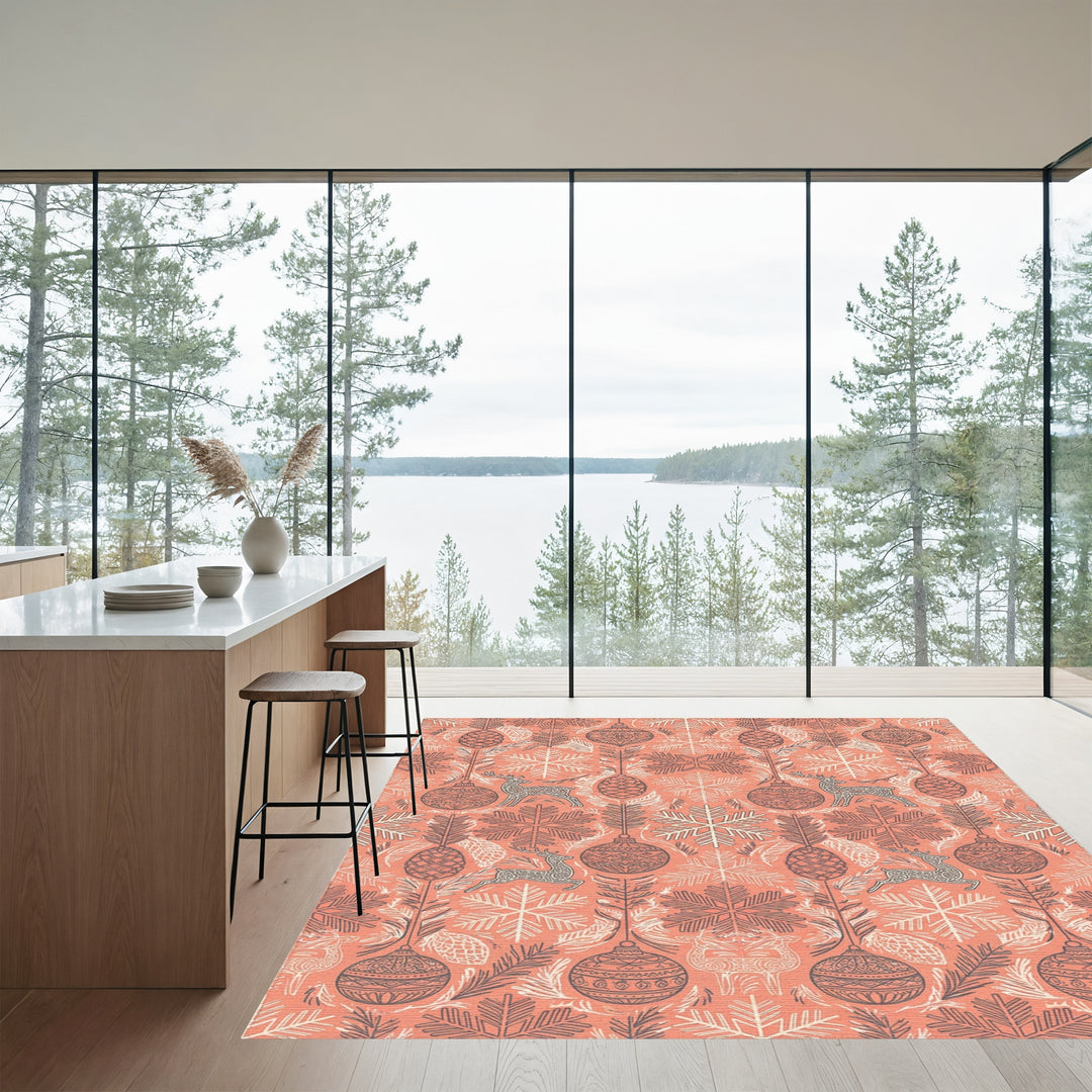 Coral Reindeer Snowflake Ornament Tree Rug