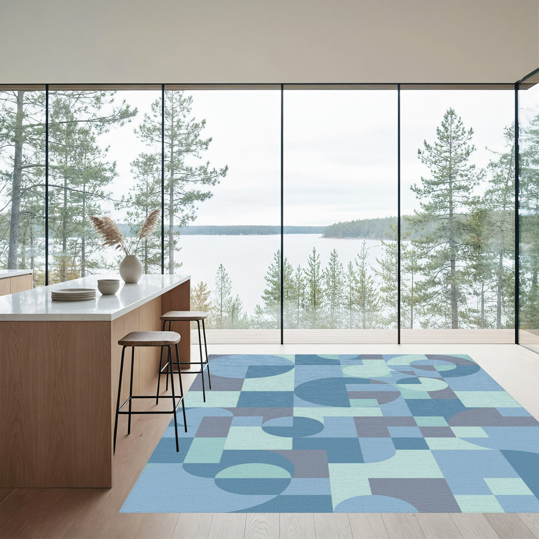 Modern Blue Geometric Circles and Squares Rug