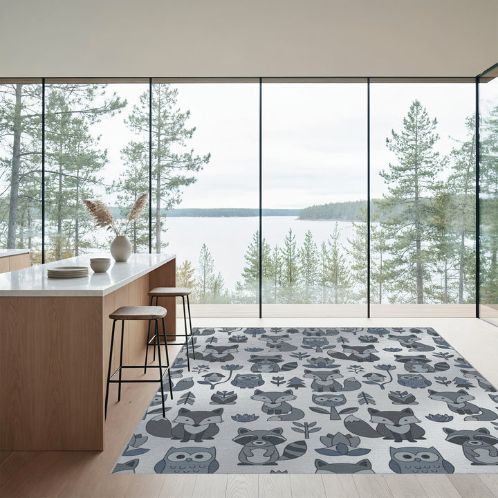Gray Woodland Creatures Owl Fox Raccoon Rug