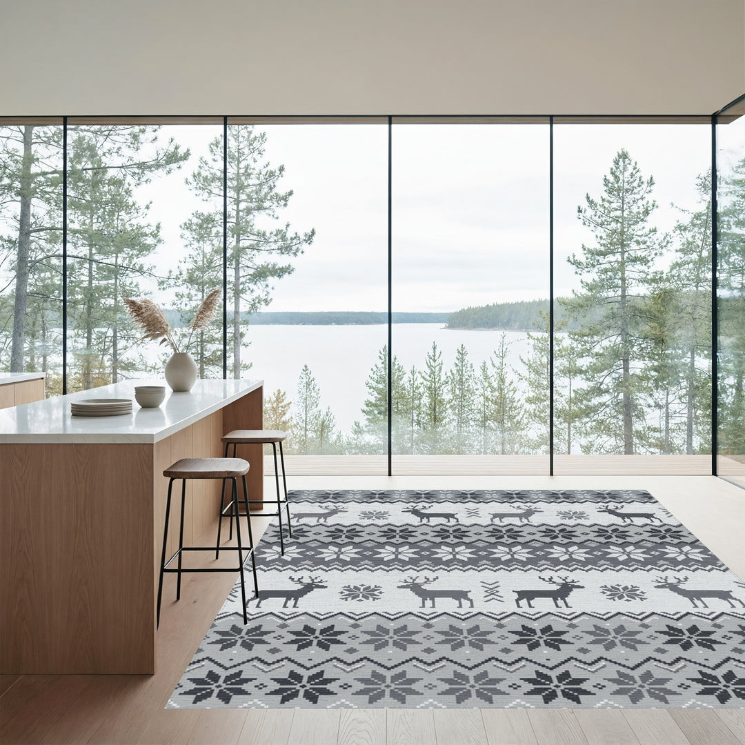 Gray Deer Snowflake Geometric Knit Rug