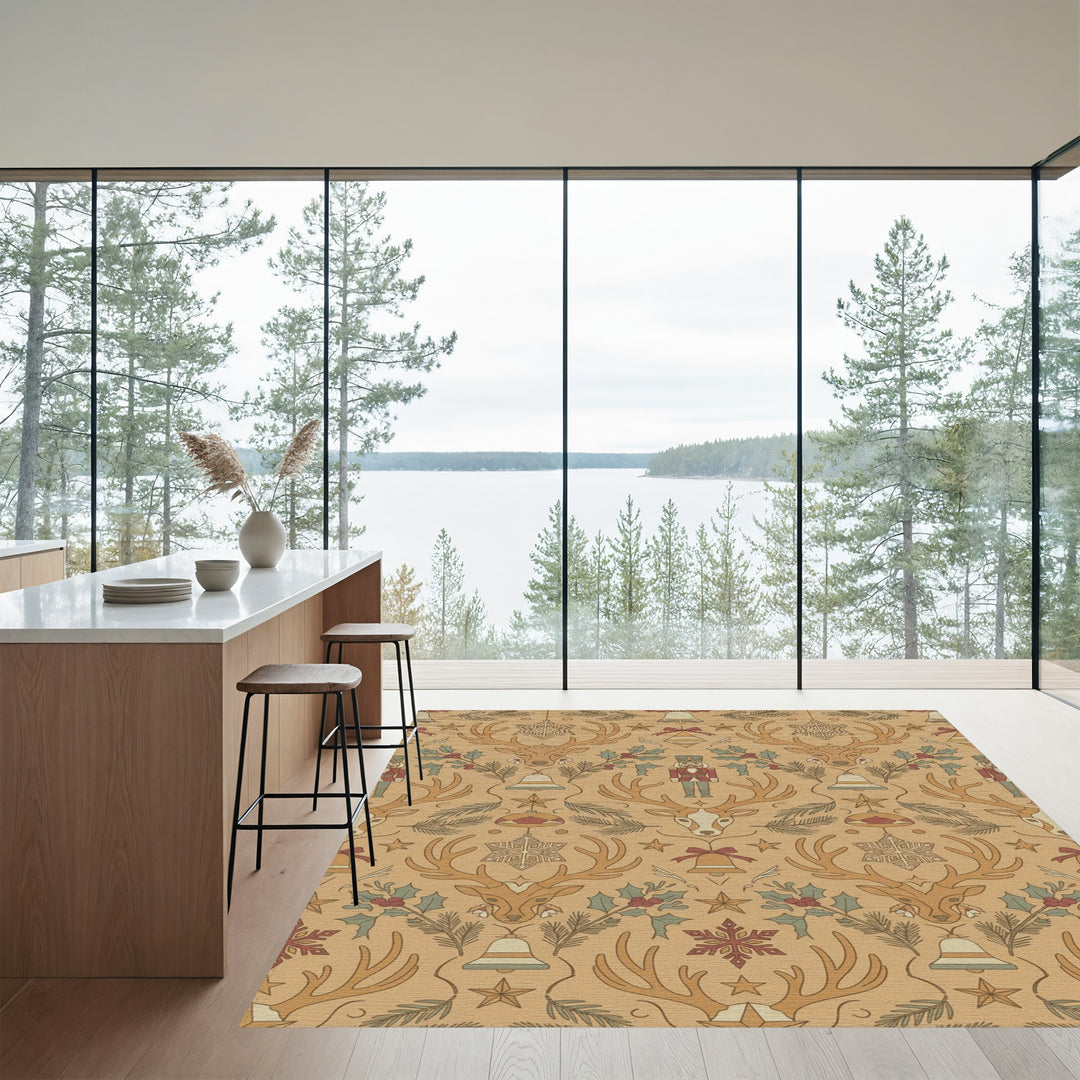 Golden Autumn Christmas Reindeer Bells Holly Rug