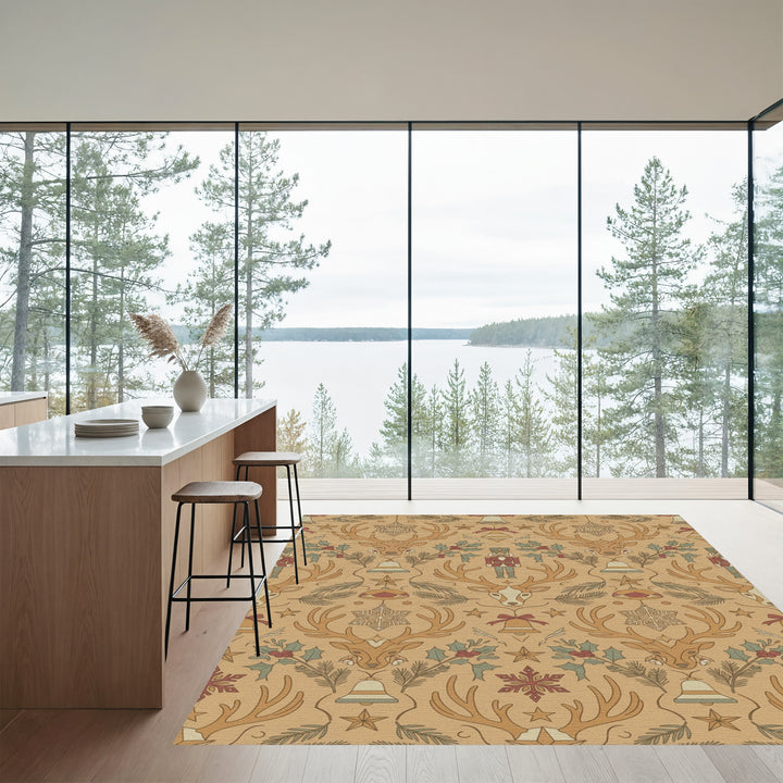 Golden Autumn Christmas Reindeer Bells Holly Rug