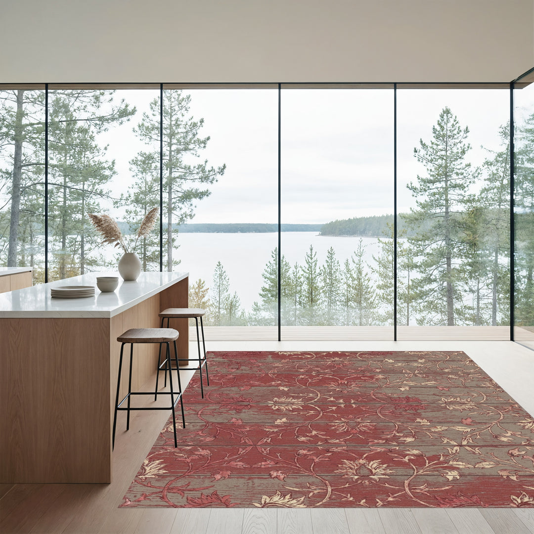 Rustic Red Scrolled Floral Wood Panel Rug