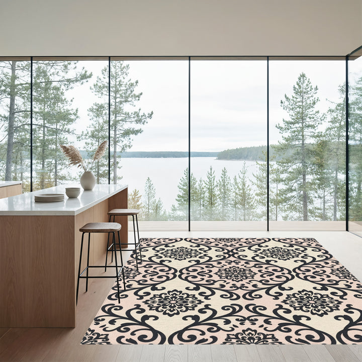 Elegant Black Floral Damask Cream Rug